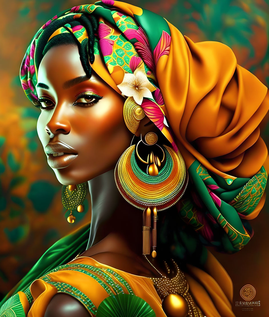 Digital Artwork: Woman with Intricate Head Wrap and Flower Adornment