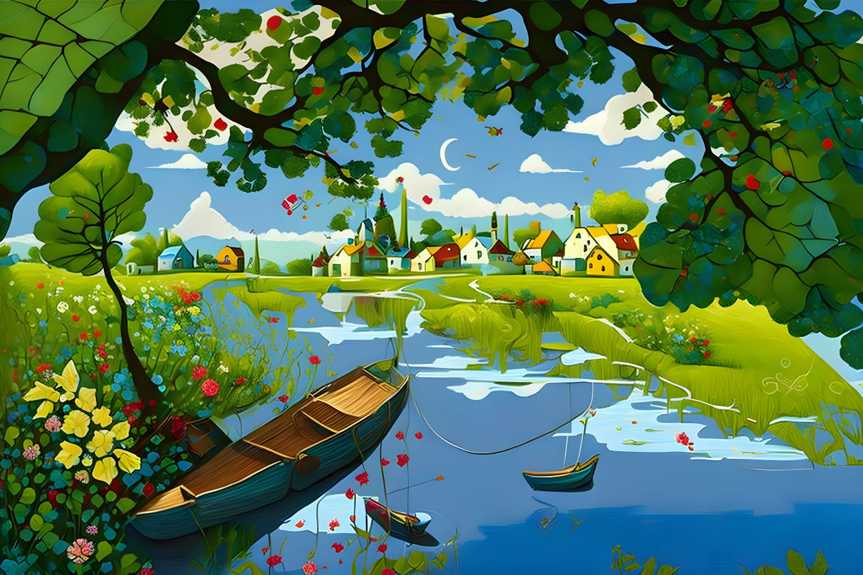 Scenic village by river with boats, trees, flowers & mountains