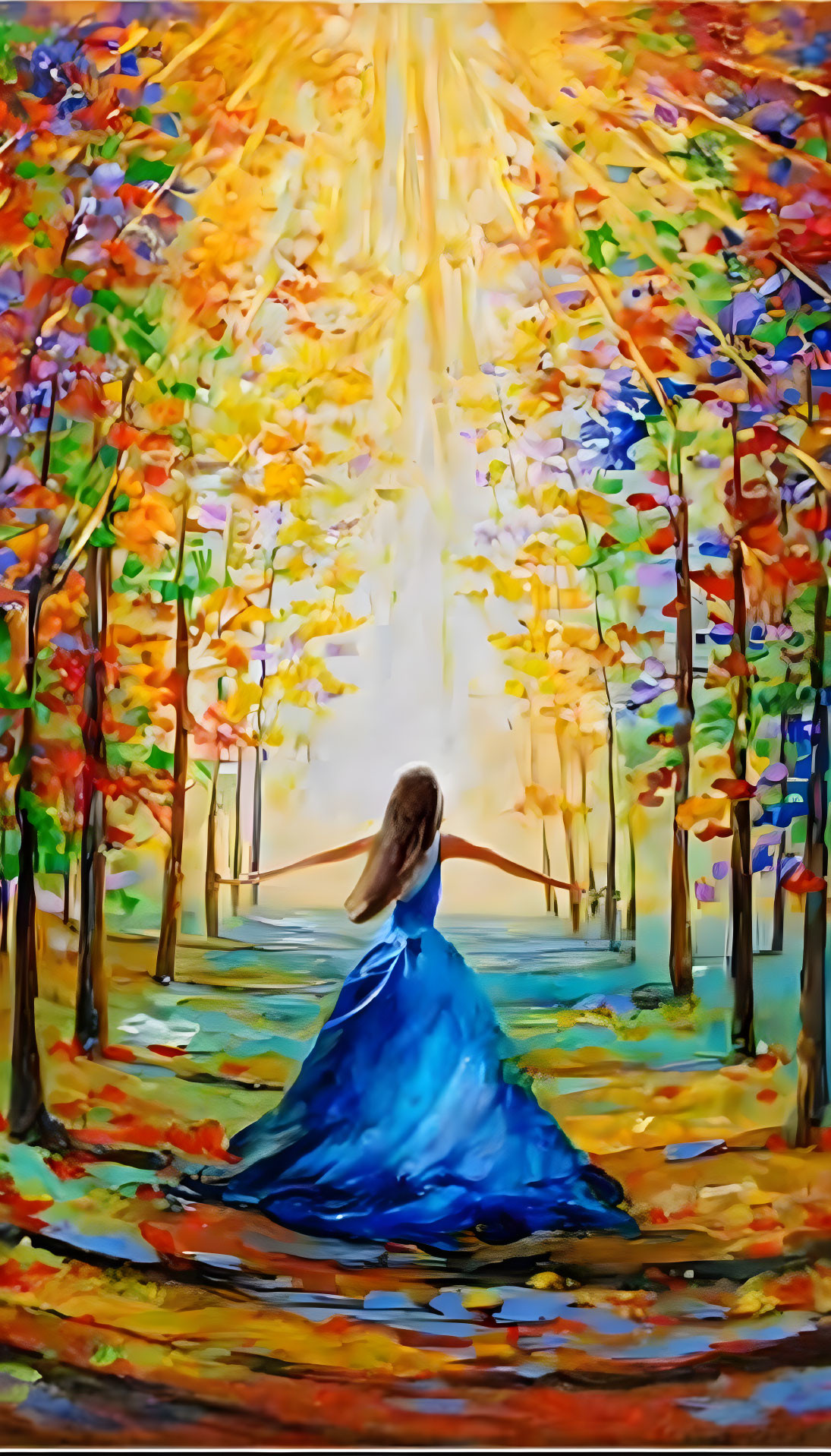 Woman in Blue Dress at End of Colorful Forest Path in Sunlight