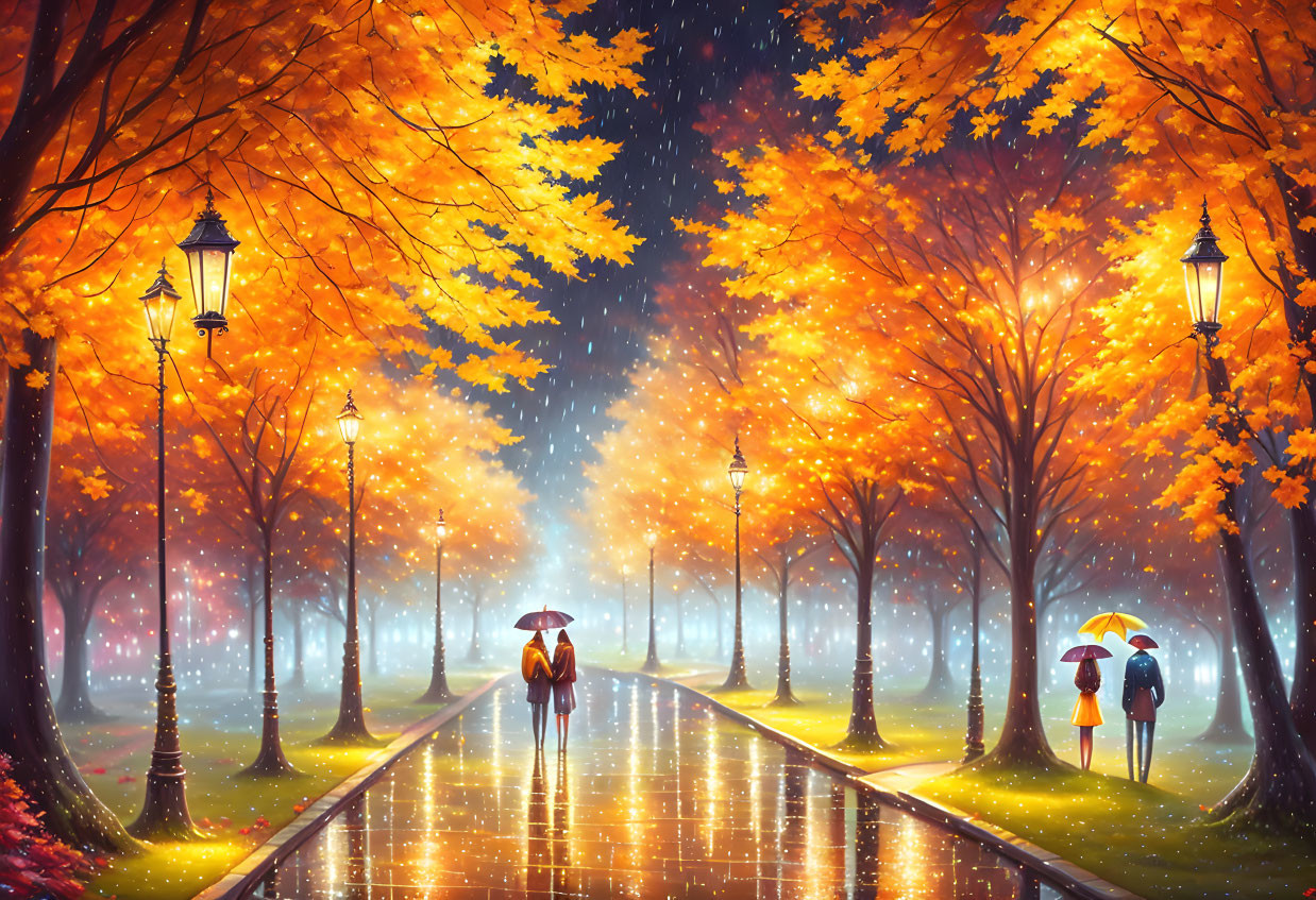 Scenic autumn pathway with falling leaves and glowing lamps