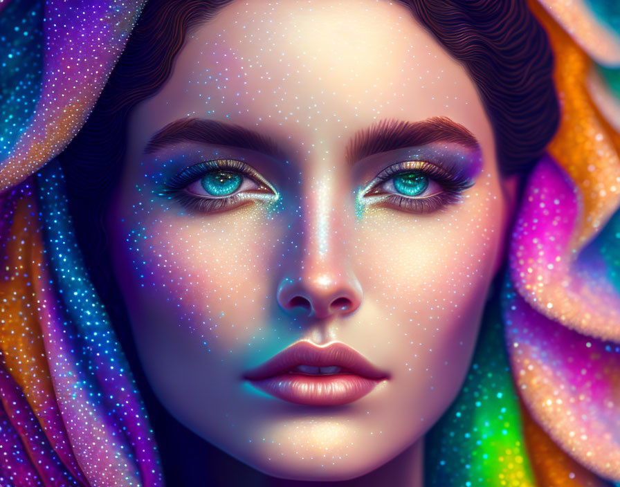 Close-up digital artwork: Woman with multicolor skin, blue eyes, dark hair, in cosmic setting