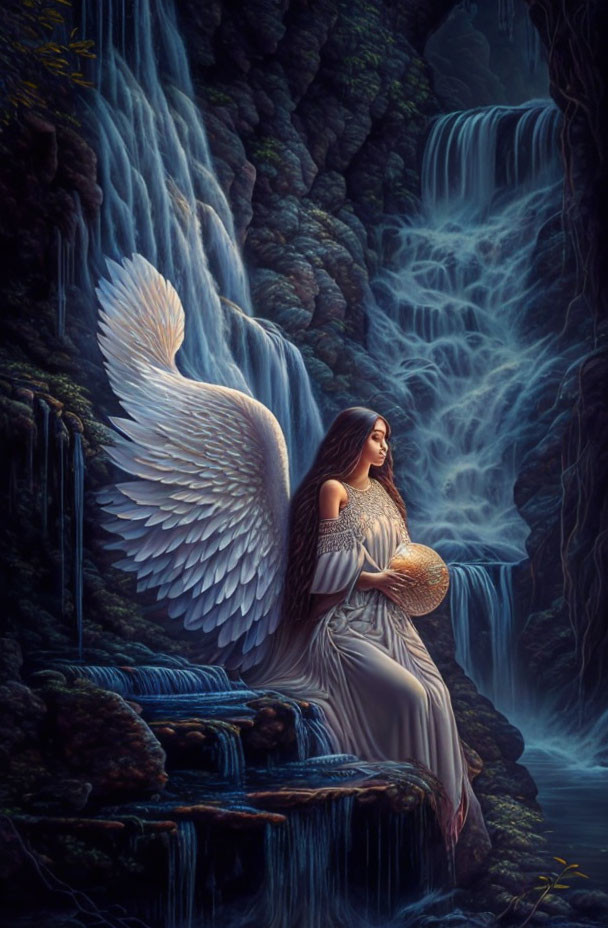 Angel with white wings by mystical moonlit waterfall