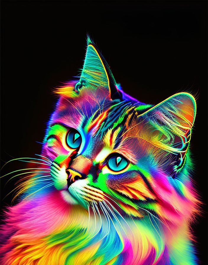 Vibrant multicolored digital art of a neon rainbow cat on black background