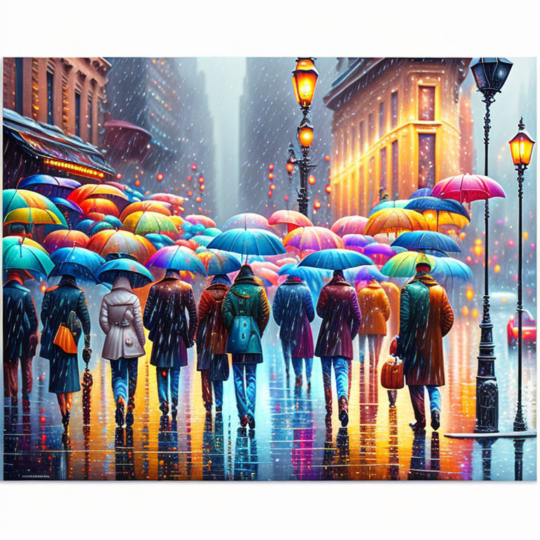 Colorful umbrellas on rain-soaked street at twilight