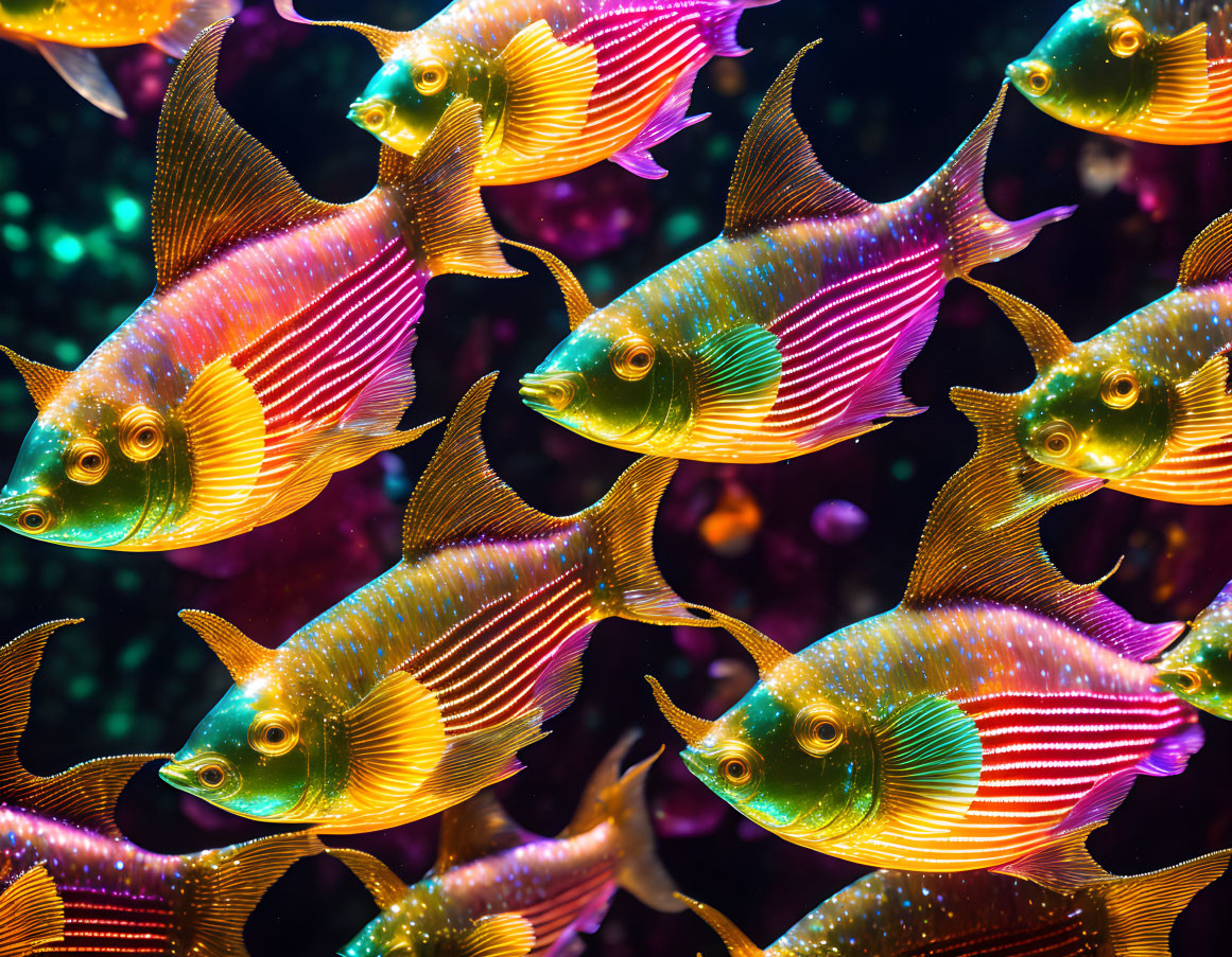 School of Vibrant Translucent Fish in Colorful Underwater Scene