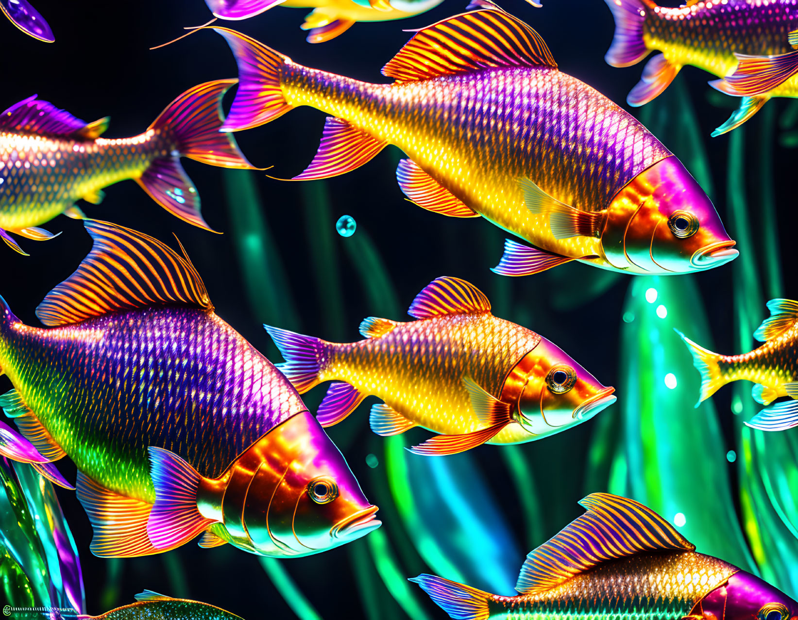 Colorful Fish Swimming Among Glowing Green Aquatic Plants