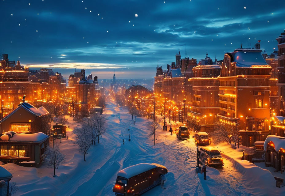 Snow-covered city street at dusk with warm lights and stars under twilight sky