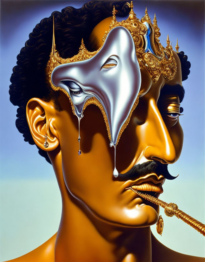 Surreal artwork: man's face with melting gold ornamental mask