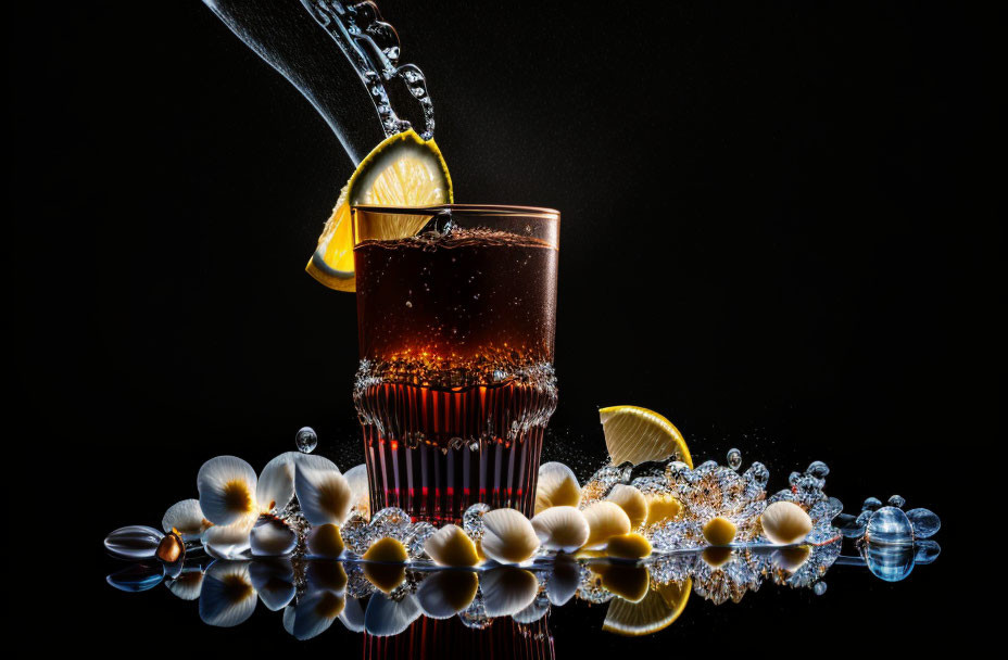 Carbonated drink poured into glass with lemon slices, bubbles, and flowers on reflective surface