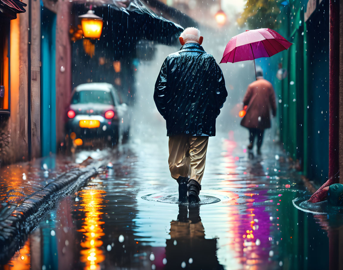 Elderly person with pink umbrella in rainy city street