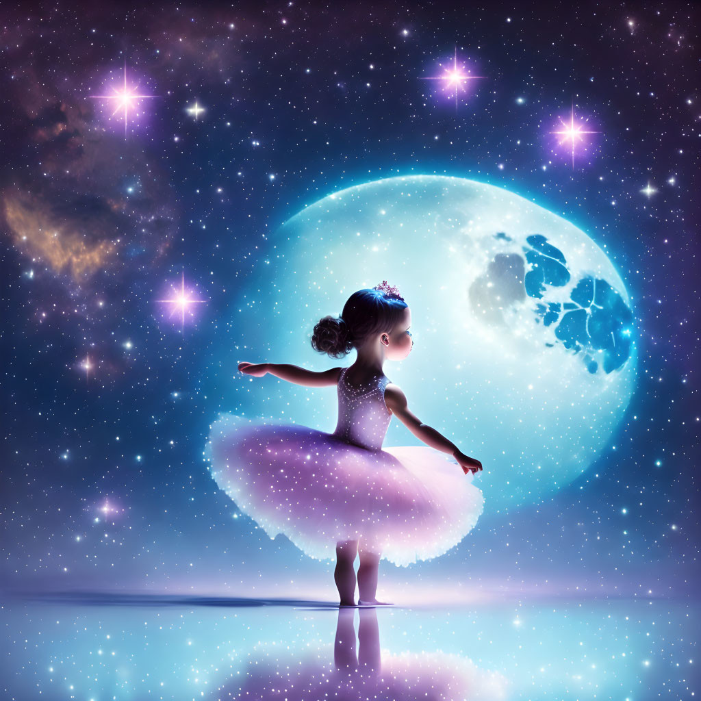 Young ballerina en pointe under blue moon and galaxy sky