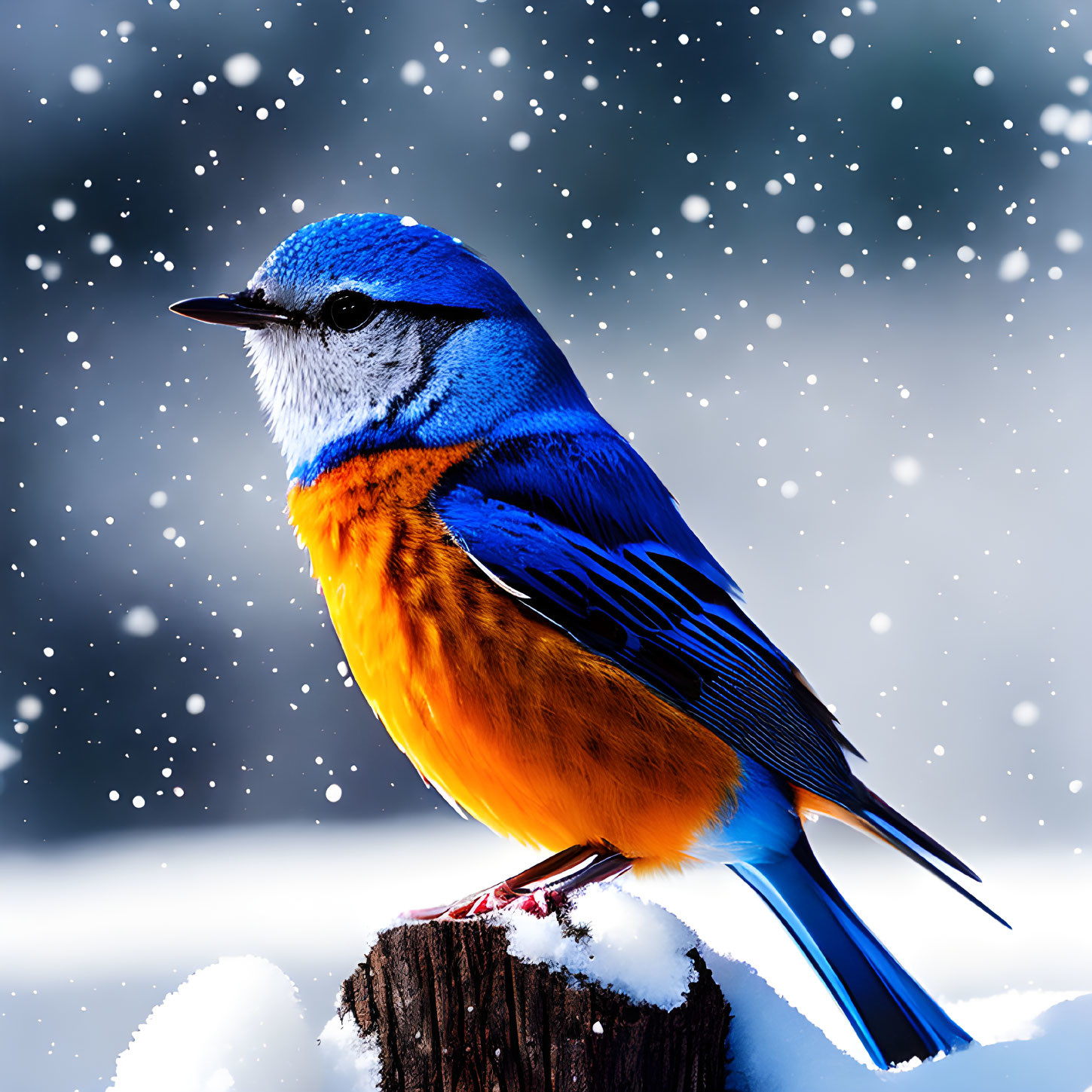 Colorful bird on snowy stump with falling snowflakes