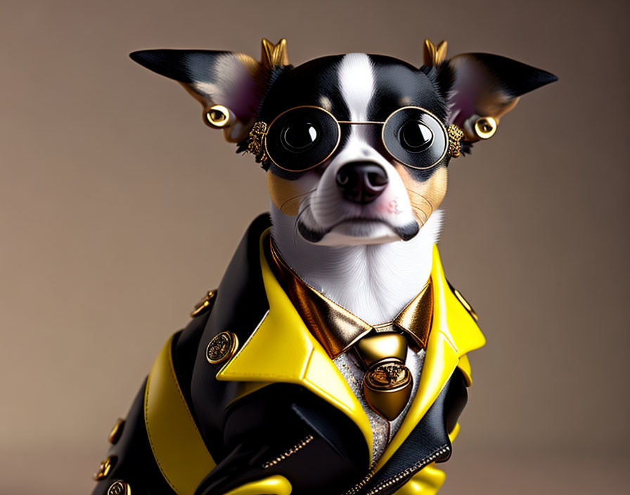 Stylized 3D rendering: Chihuahua in leather jacket and sunglasses