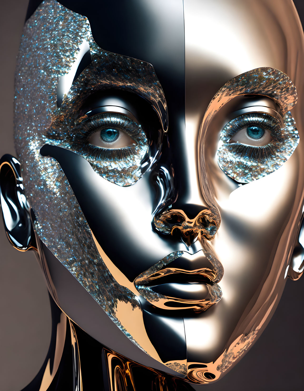 Digital artwork of humanoid face: half gold, half glittery surface, blue eyes