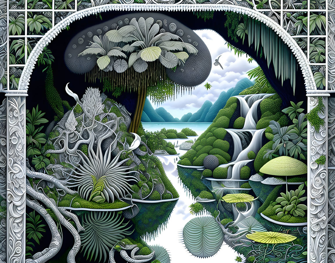 Intricately detailed surreal landscape with mushroom tree, waterfalls, lush greenery, exotic plants