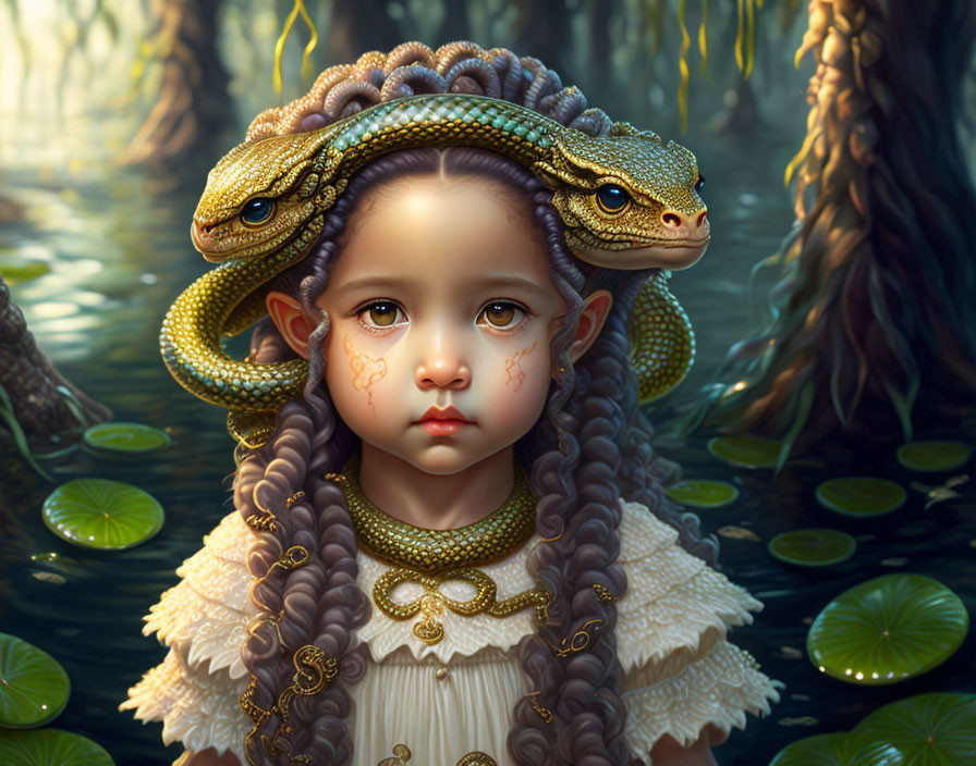 Digital Artwork: Young Girl with Snakes in Swamp Setting