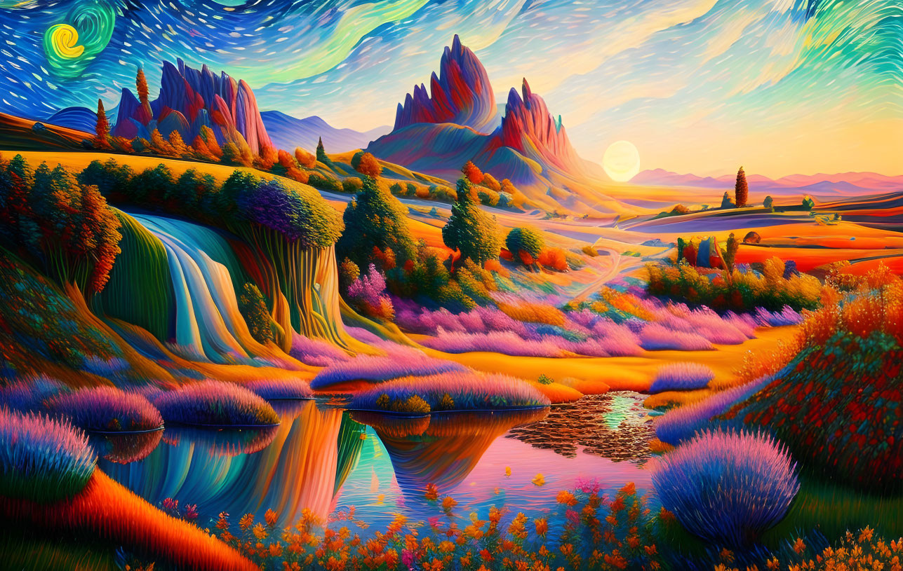 Surreal landscape with swirling skies and colorful flora