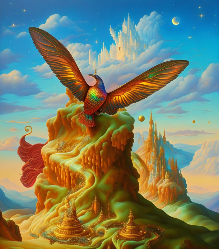 Colorful hummingbird soaring over mystical landscape with golden temples and multiple moons