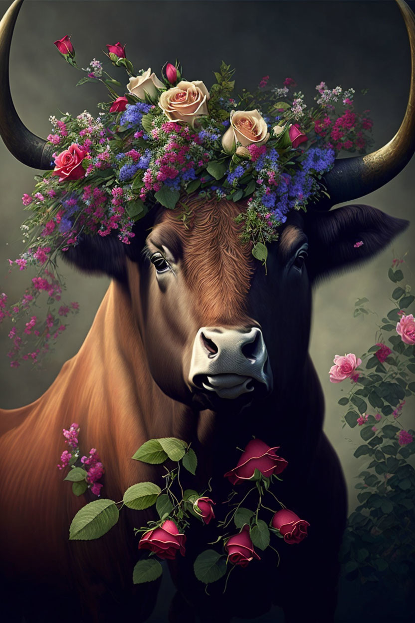 Colorful Floral Crown on Serene Cow with Large Horns