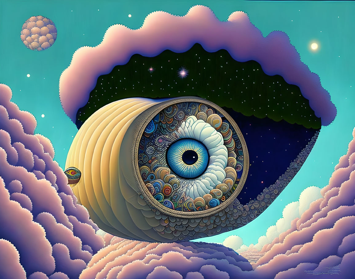 Surreal illustration of eye in circular portal with celestial elements