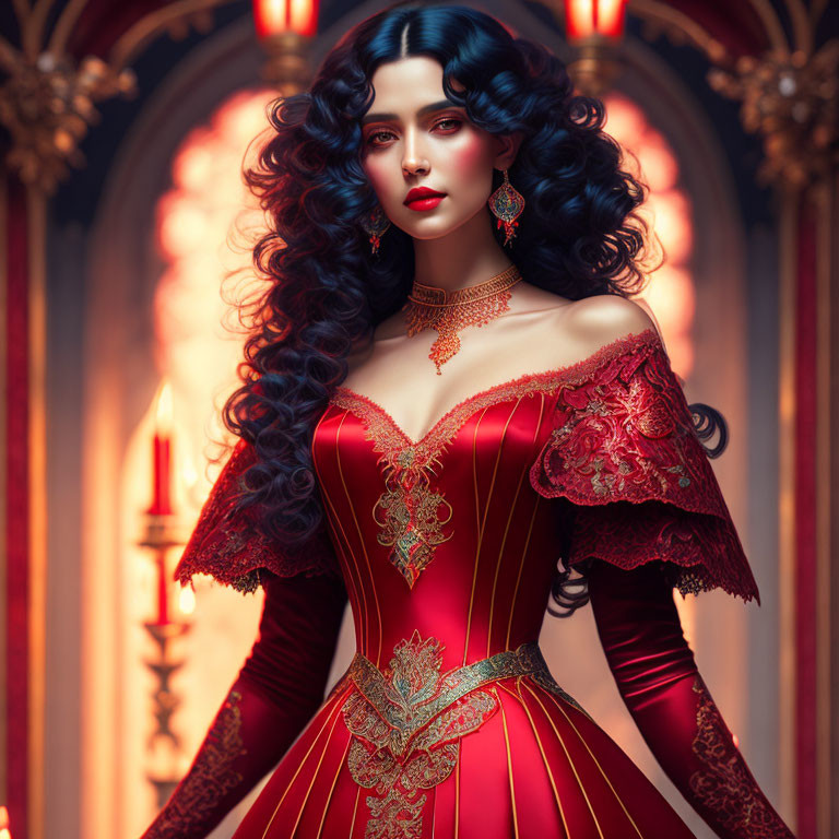 Detailed digital artwork of woman in Victorian gown with dark curly hair.