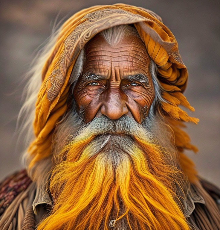 Elderly man with weathered face and orange-dyed beard in ochre headscarf