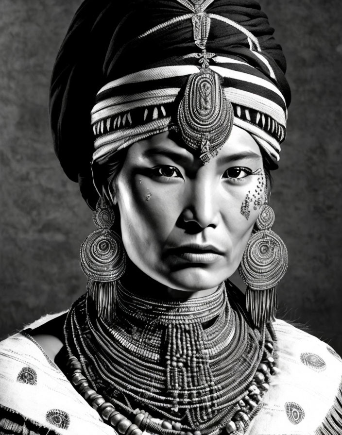 Monochrome portrait featuring person with ethnic jewelry and headwrap