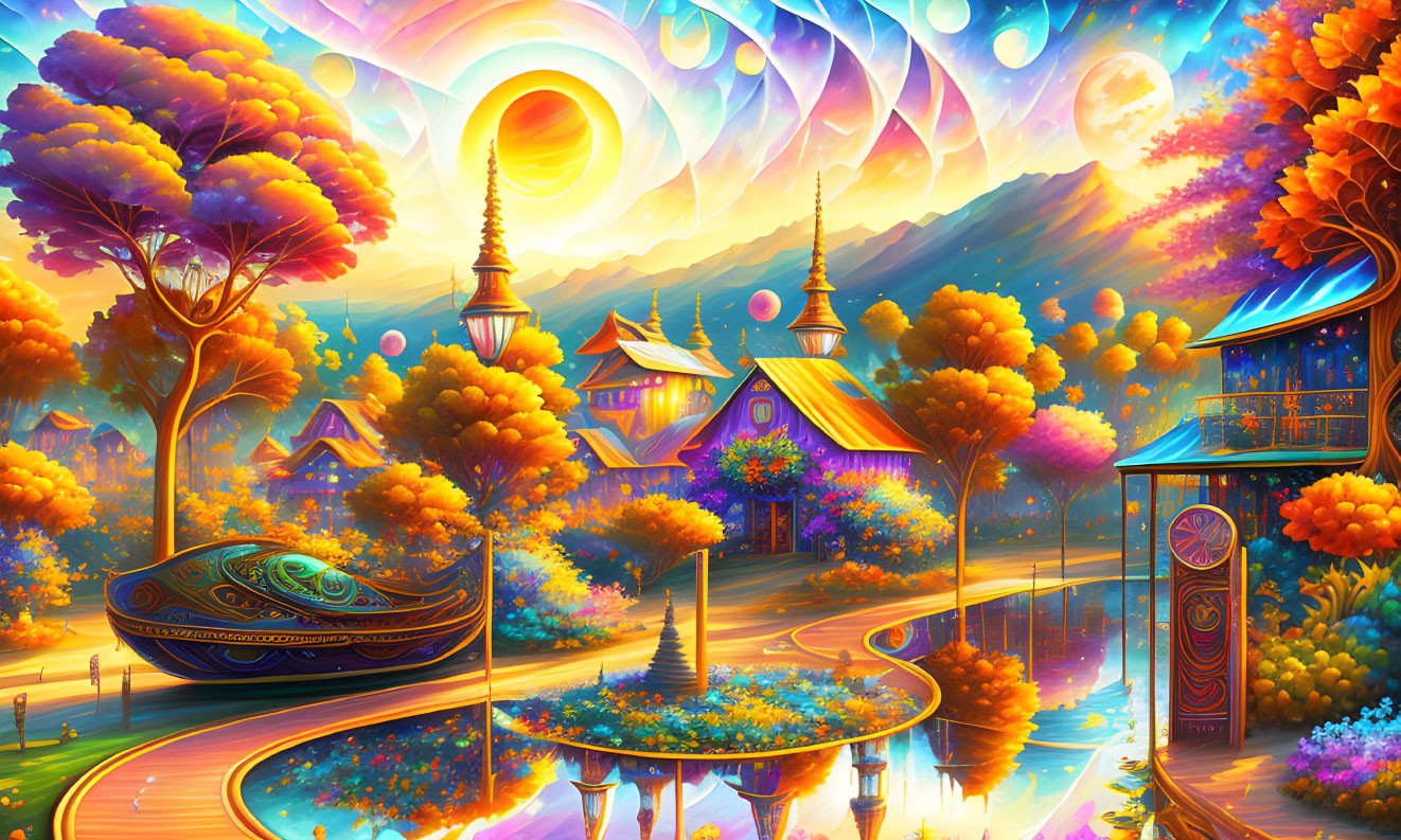 Fantasy landscape with vibrant colors, whimsical architecture, luminous trees, and magical boat