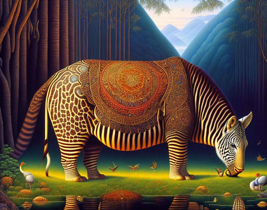 Surreal elephant with zebra stripes in mandala patterns, in fantasy forest