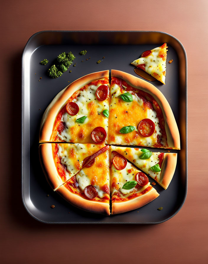 Delicious Pepperoni Pizza with Melted Cheese and Basil Leaves on Black Tray