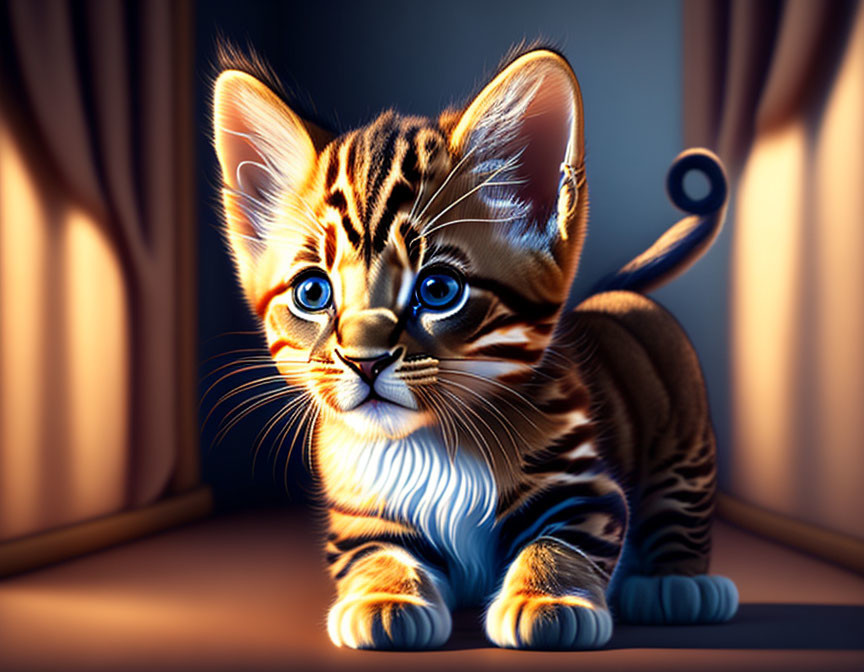 Stylized illustration of young kitten by window