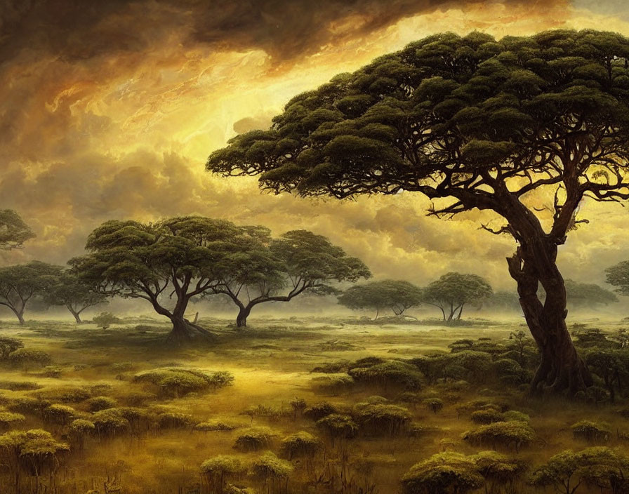 Majestic Trees in Ethereal Landscape with Sunlit Savanna