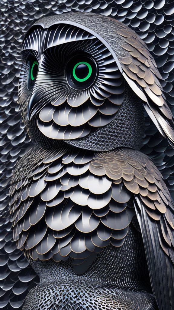 Detailed Stylized Owl Image with Intricate Feathers and Green Eyes