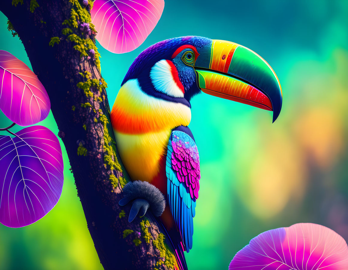 Colorful Toucan Perched on Tree Branch in Surreal Tropical Setting