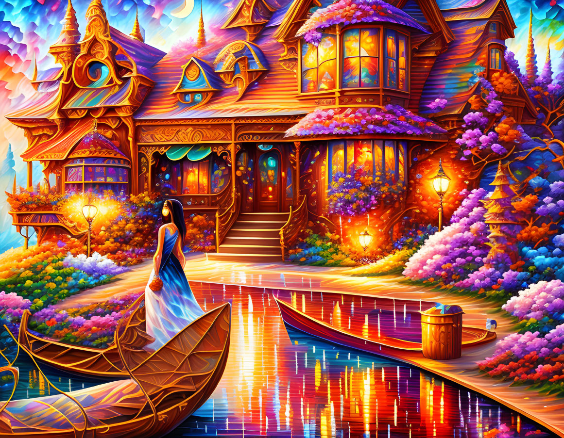 Colorful Artwork: Woman by Boat at Whimsical Cottage