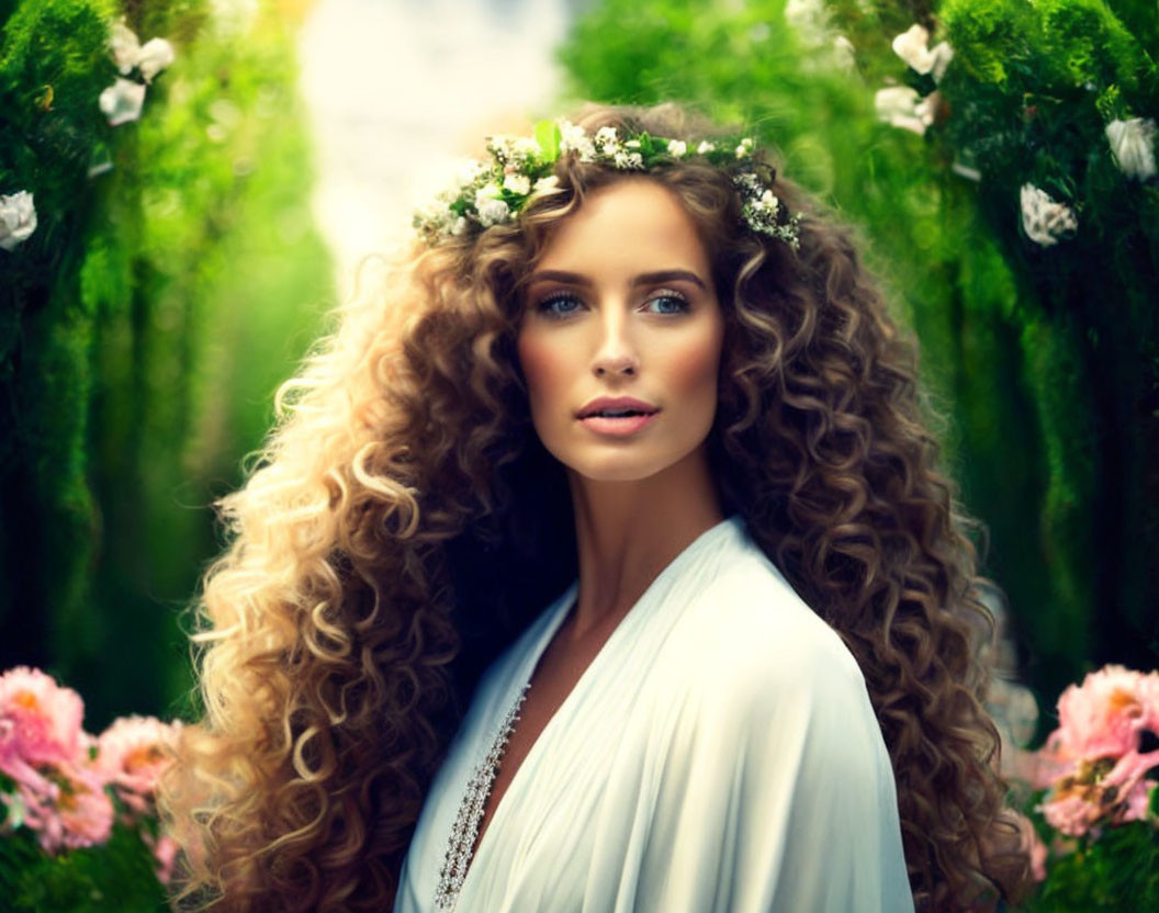 Curly-Haired Woman in Floral Crown Surrounded by Lush Greenery