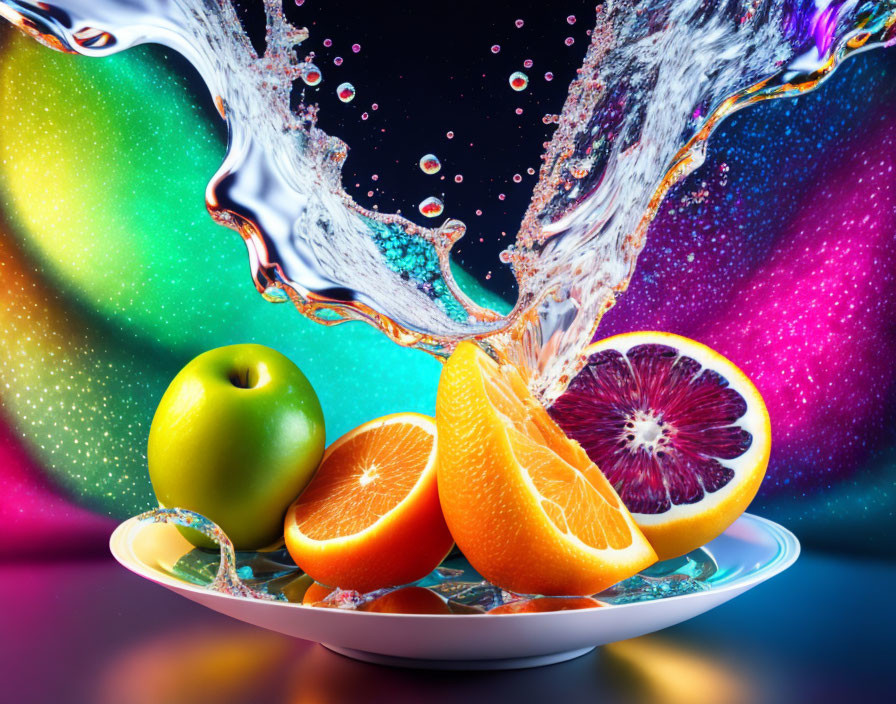 Colorful Citrus Fruits Plate with Water Splash and Bokeh Background