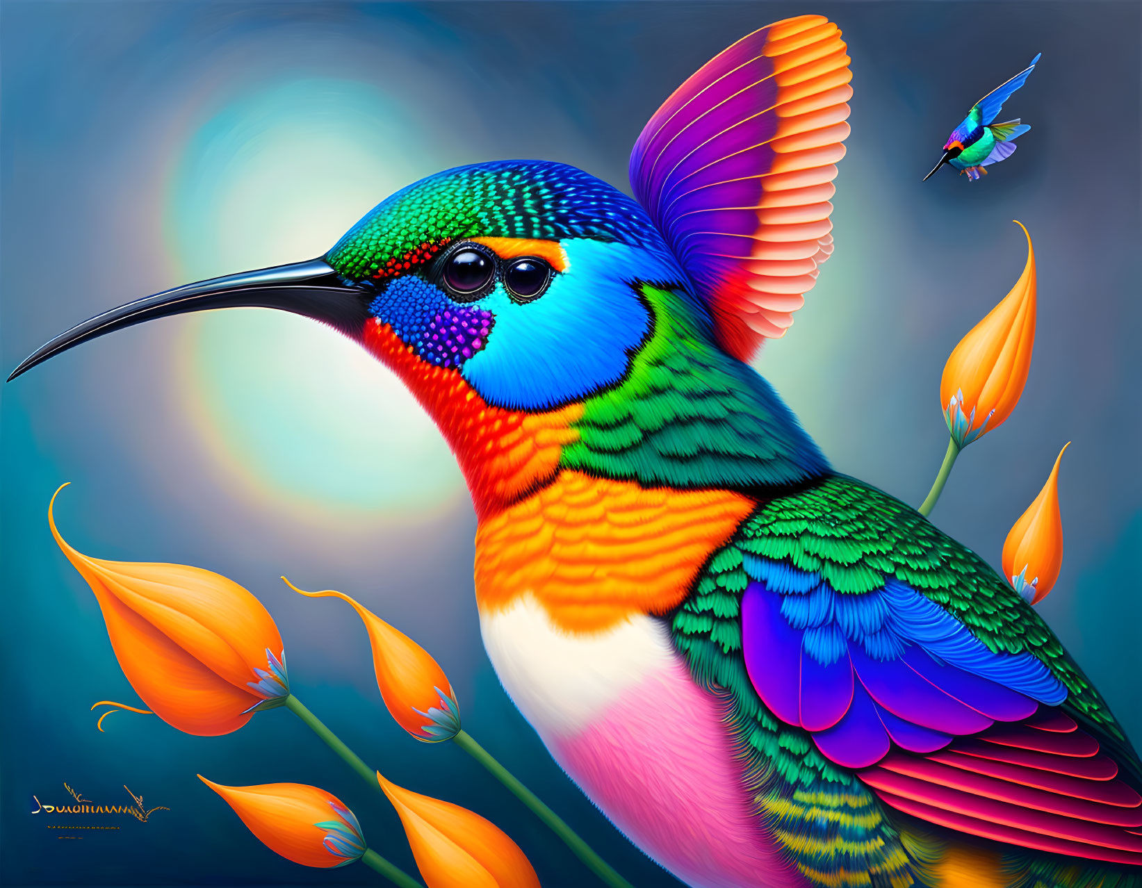 Colorful hummingbird hovering near orange flowers with iridescent feathers.