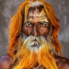 Elderly man with weathered face and orange-dyed beard in ochre headscarf