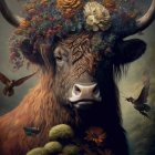 Colorful Floral Crown on Serene Cow with Large Horns