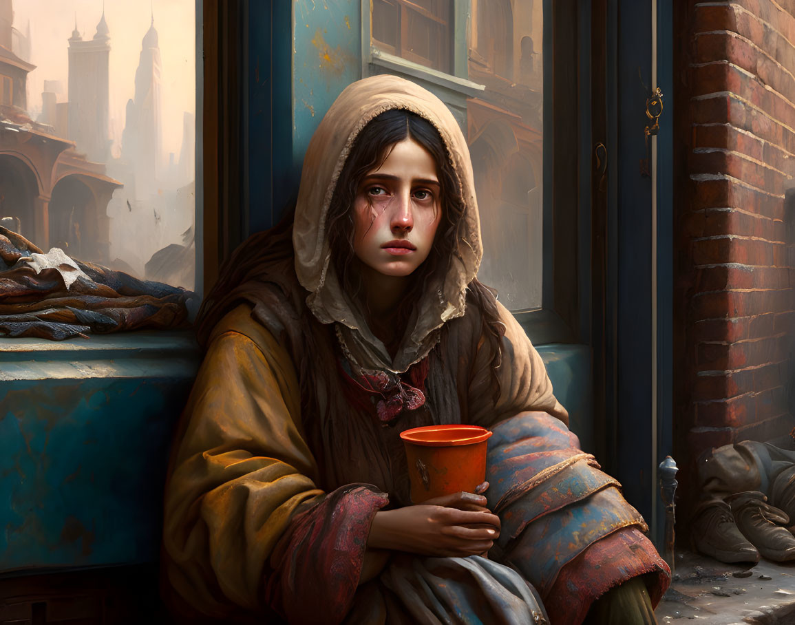 Historical young woman with cup by window and cityscape background.