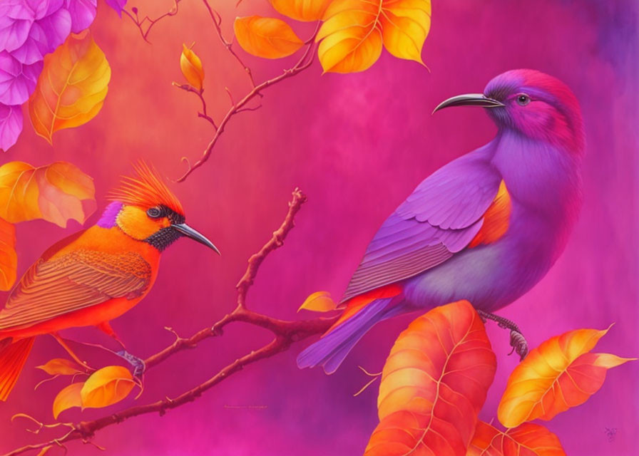 Colorful Stylized Birds Perched on Branches with Vibrant Leaves