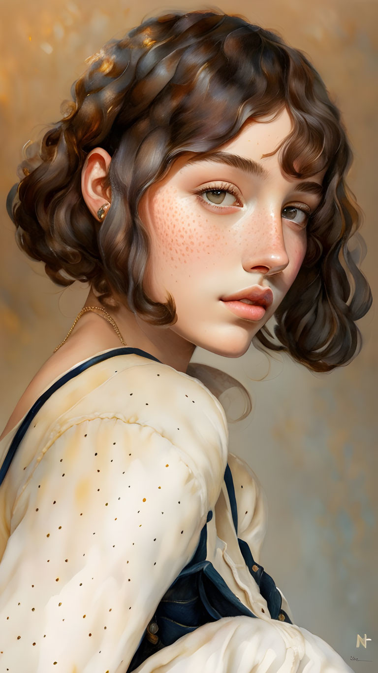 Young woman with curly brown hair and freckles in digital portrait