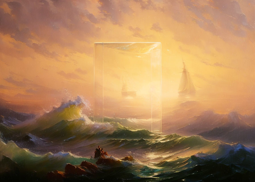 Turbulent sea at sunset with ships, floating cube, and rocky foreground scene