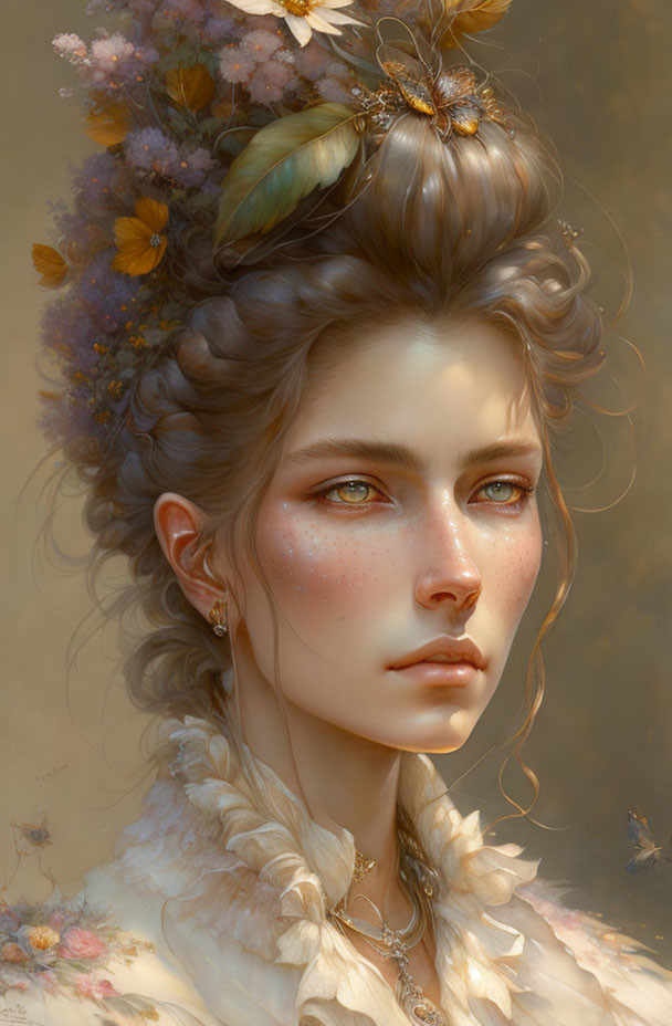 Ethereal portrait of woman with floral headpiece, butterflies, freckles, green eyes