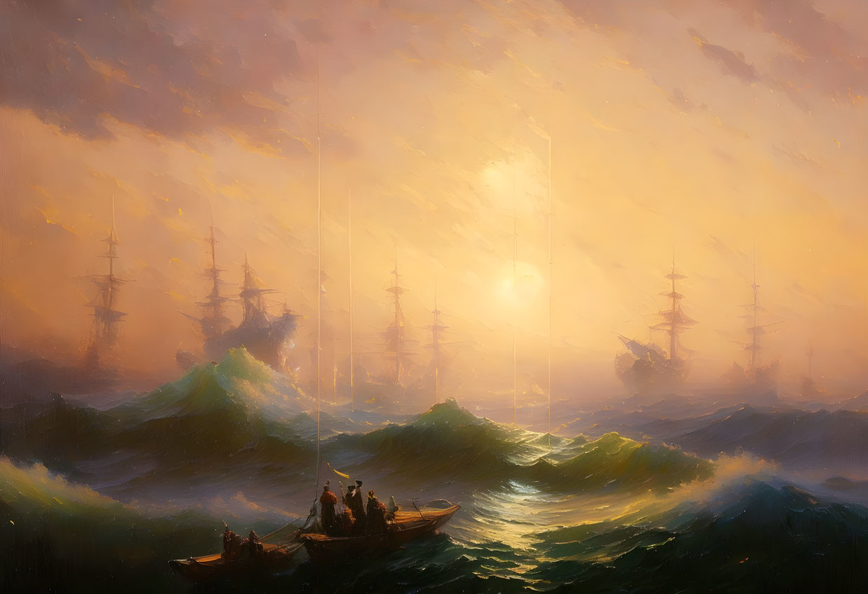 Sunset seascape with tall ships and rowboat in rough waves