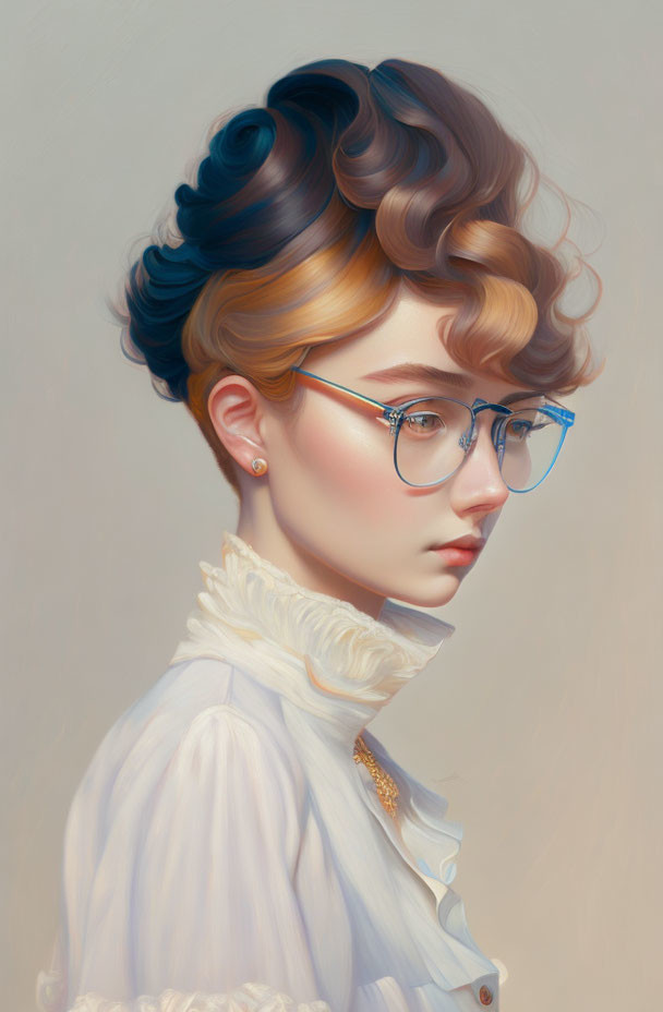 Portrait of a person with styled brown hair, blue glasses, white ruffled shirt, and gold pin