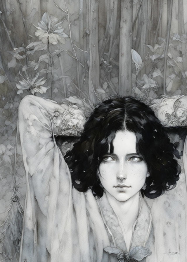 Monochrome illustration of a woman with dark curly hair and piercing eyes in a mystical setting.