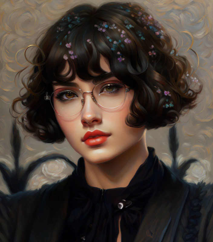 Woman with Short Curly Hair, Floral Adornments, Glasses, Black Blouse, and Red