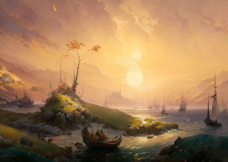 Fantastical sunset landscape with two moons, ships, and rocky shore